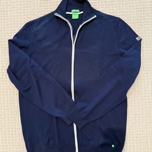 Boss Navy Blue Zip Up Sweater with Contrasting Trim